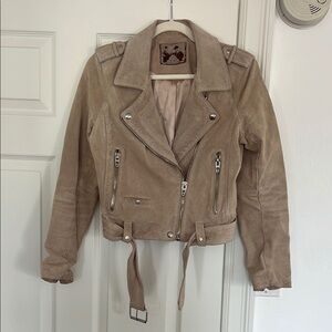 Tan Leather Motorcycle Jacket with Asymmetrical Zipper and Notched Lapel